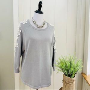 J CREW Light Grey Cotton Sweater White Floral Trim